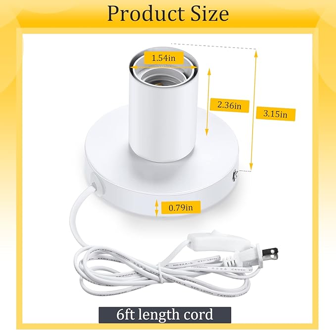 Tuanse 2 Pcs Polished Metal Desktop Lamp Base E26 E27 Screw Light Bulb Holder Sockets Night Light Base Lamp Replacement for Holding Bulb 6 Feet Cord on Off Switch Plug(White)
