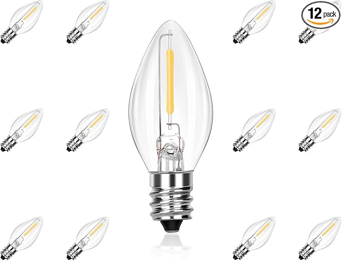 C7 LED Replacement Bulbs, Clear Christmas & Halloween Light Bulbs for Outdoor String Lights, Patio Xmas Tree Wedding Holiday Party Decor, E12 Candelabra Base, 2700K Warm White, 12 Pack