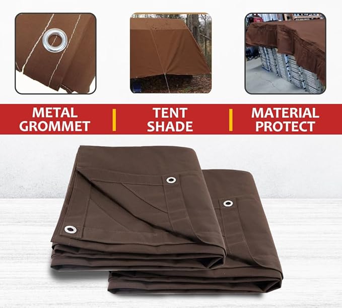 Mytee Products 16' x 20' Dark Brown 12oz Canvas Tarp with Grommets - Water Resistant - Heavy Duty Canvas Tarps - Multipurpose Tarpaulin Cover for Canopy Tent, Roof, Camping, Semi Trucks & Cargo