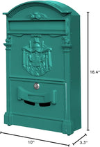Vintage Wall-Mount Locking Mailbox for House, Rust-Resistant Galvanized Steel Outdoor Mailbox with Key Locks, Green