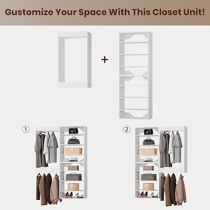 ROOMTEC Modular Closet System, 52" Wall-Mounted Closet Organizer with Hanging Rods and Shelves, Wooden Tower for Walk-In Closets, Wardrobe Storage Kit, White