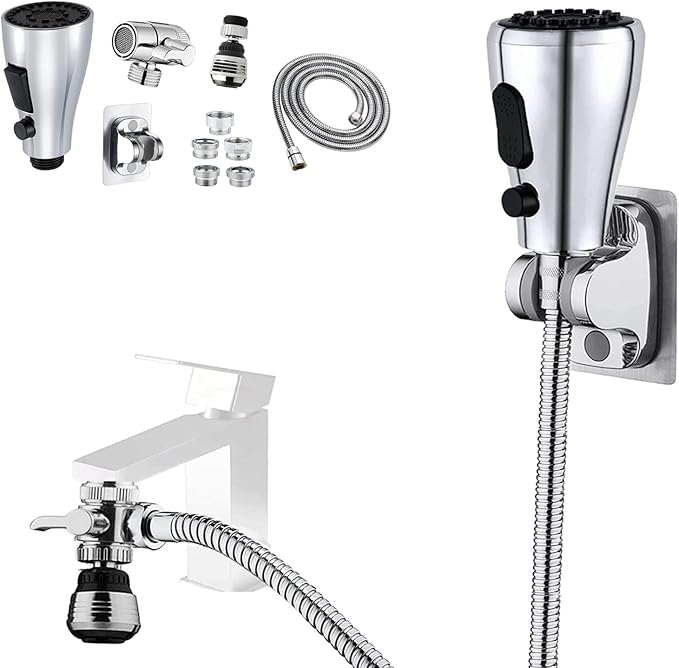 Kitchen Faucet Sink Sprayer Attachment Set,3 Modes Sink Sprayer Replacement Head with Stainless Steel Hose,Faucet Aerator and Brass Diverter Valve (5 pcs Adapter) for Washing Fruit,Dishes and Hair1
