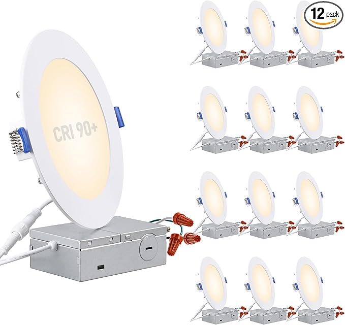 TORCHSTAR Basic Series 12-Pack 6 Inch Ultra-Thin LED Recessed Lighting with Junction Box, CRI90, Aluminum, 3000K Warm White, 5%-100% Dimmable Slim Recessed Downlight, 12W 1100LM, ETL and Energy Star