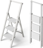 Taranta 3 Step Ladder, Portable Folding Ladder with Wide Pedal, Lightweight Aluminum Step Stool with Convenient Handgrip, 330 lbs Capacity Stepladder for Home, Office - White