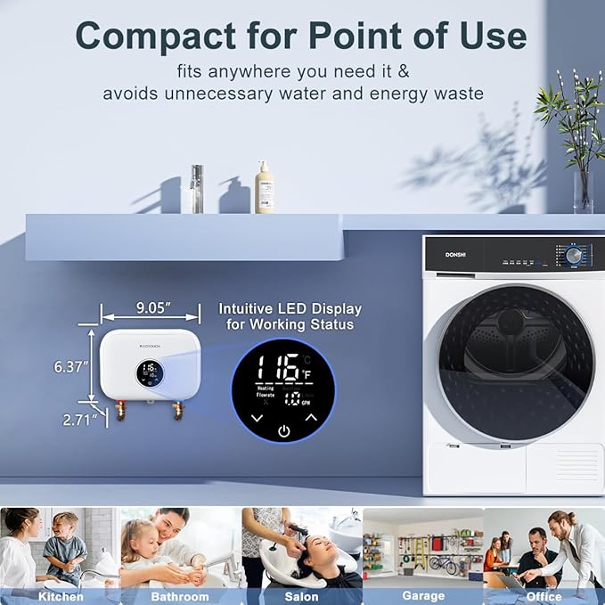 Tankless Water Heater Electric, ECOTOUCH 6kW 240V Point of Use Water Heater on Demand Water Heaters Instant Hot Water Heaters ETL Certificated Self-modulation ECO60SE White