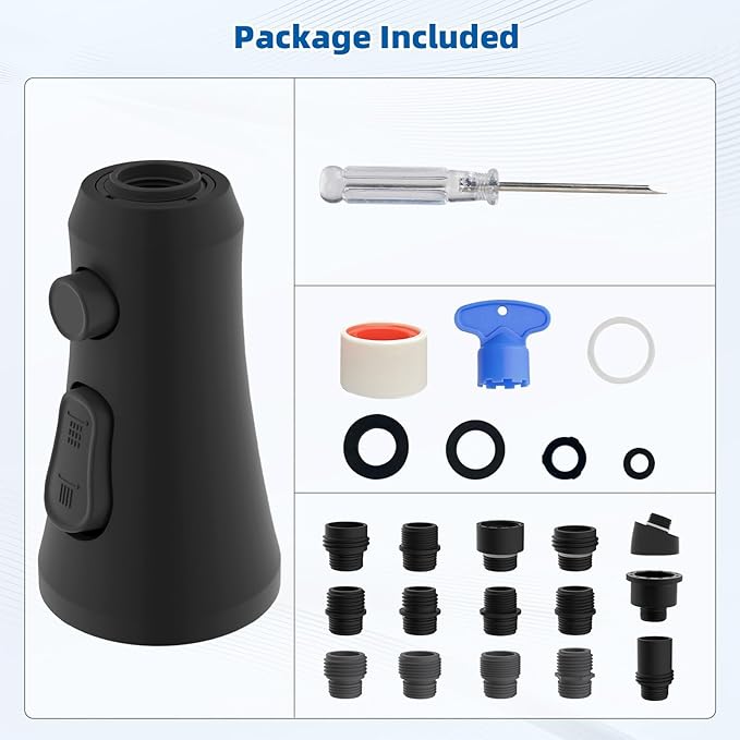 Hibbent Pull Down Spray Head for Kitchen Faucet, 3-Function Spray Nozzle with 15 Adapters, Straight Sink Faucet Head Replacement Compatible with Moen, Delta, Kohler, American Standard, Matte Black