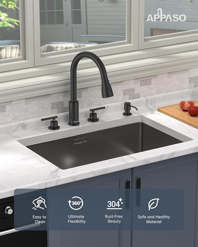APPASO 2 Handle Kitchen Faucet, 4 Hole Black Kitchen Sink Faucet with Soap Dispenser, Modern High Arc 3 Hole Faucet for Kitchen Sink