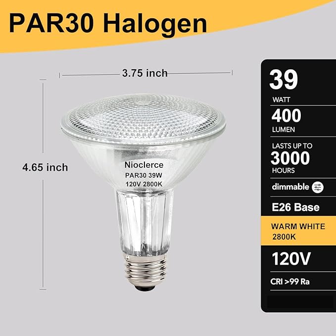 Halogen PAR30 Long Neck 39W 120V 400LM, 6 Pack High Output Halogen PAR30 Dimmable 2800K Warm White, E26 Long Lifespan Long Neck Flood Light Bulb with CRI100 for Recessed, Tracking Lighting
