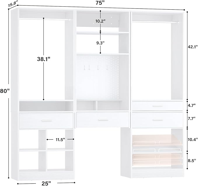 Unikito 75” Modular Closet System, Freestanding Closet Organizer with Hanging Rods and Drawers, Adjustable Clothes Garment Rack with Shoe Rack, Sturdy Walk in Closet Set for Bedroom, Mudroom, White