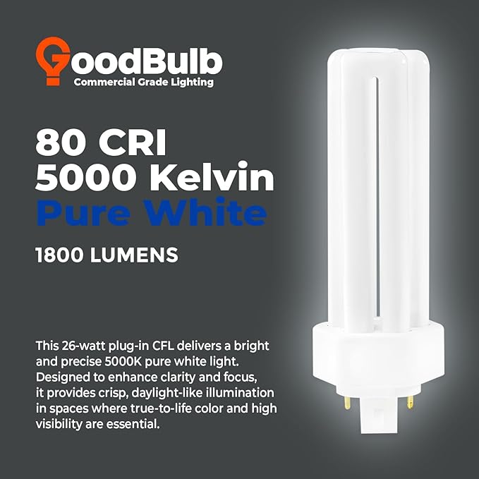 GoodBulb 26 Watt CFL Light Bulbs 4 Pin GX24Q-3 Base 5000K Daylight 26W High Output 1800 Lumens Triple Tube Compact Fluorescent Light Bulbs Plug-in 10 Pack