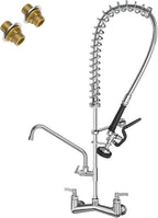 Commercial Sink Faucet with Sprayer 36"Height 8"Center Brass Constructed Wall Mount Commercial Kitchen Faucet with Pull Down Pre-Rinse Sprayer and 12" Swing Spout for 2/3 Compartment Sink(36")