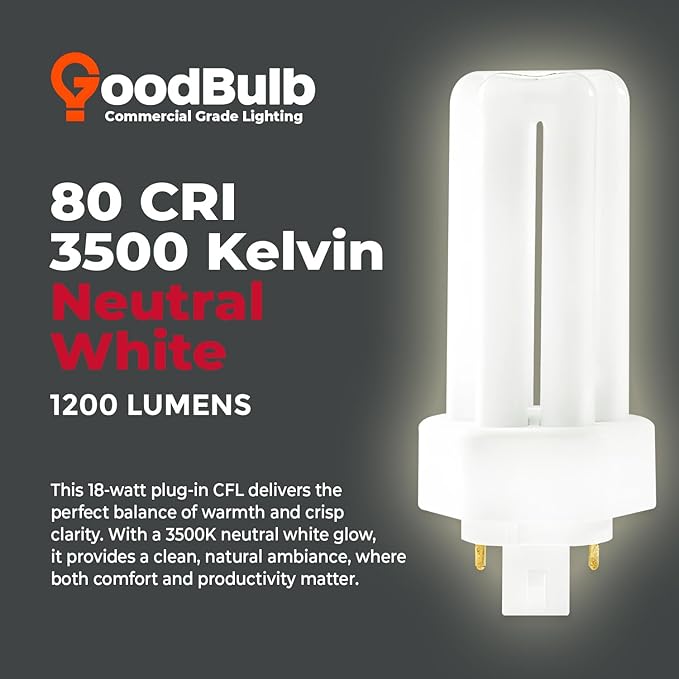 GoodBulb 18 Watt CFL Light Bulbs 4 Pin GX24Q-2 Base 3500K Neutral White 18W High Output 1200 Lumens Triple Tube Compact Fluorescent Light Bulbs Plug-in 10 Pack