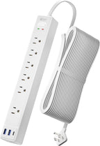 20Ft Long Extension Cord, Flat Plug Power Strip with 6 Outlets & 3 USB Ports (1 USB-C), Wall Mountable Surge Protector, White Power Bar for Home Office, College Dorm Room Essentials