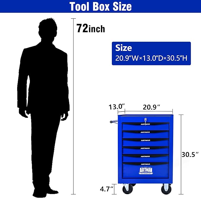 6 Drawers Rolling Tool Box on Wheels, Multifunctional Tool Chest Cabinet with Lock, Drawers Rolling Tool Cart Trolley Organizer Tool Storage Case for Warehouse,Garage,Workshop (Blue)