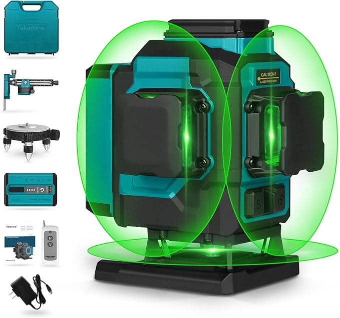 Takamine 3x360° 12 Lines Self Leveling Floor Green Laser Level, Laser Level for Construction/Picture Hanging/Floor/Tile with Remote Controller, Magnetic Rotating Stand and Type-C Charger