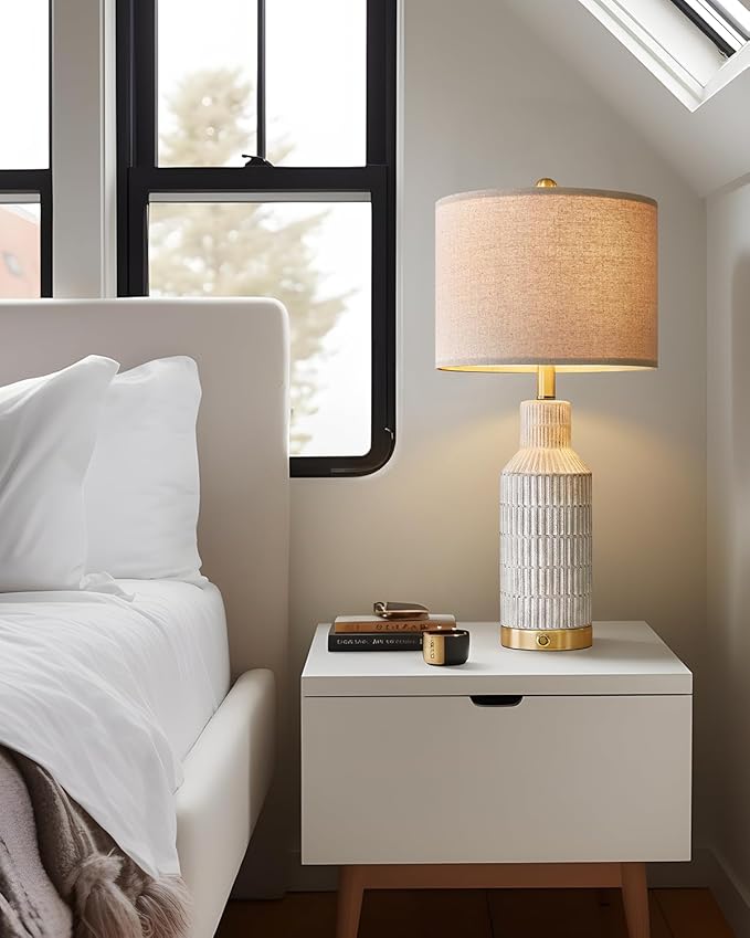 25" Modern 3-Way Dimmable Touch Control with USB A+C Ceramic Lamps Set of 2 Table Lamp for Living Room Bedroom Farmhouse Nightstand Bedside Lamps (White-Washed)