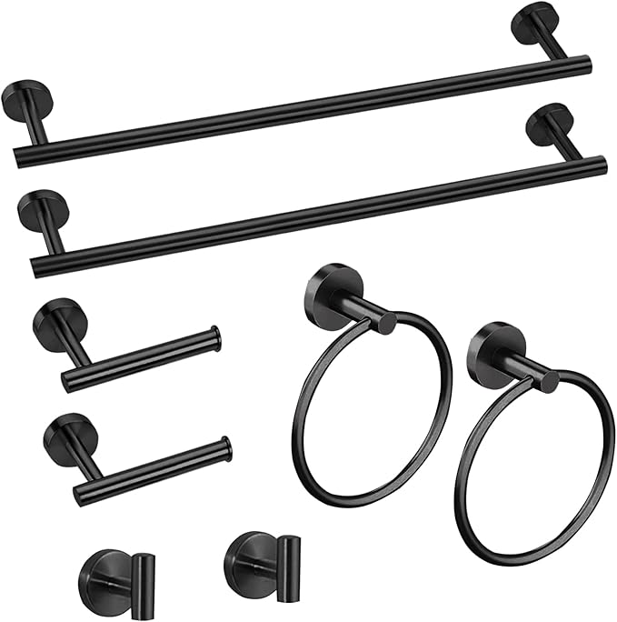 Cilee 8 Piece Matte Black Bathroom Hardware Set, 24inch Bathroom Towel bar+Towel Ring+Toilet Paper Holder+ Robe Towel Hook, SUS304 Stainless Steel Bathroom Accessory Set