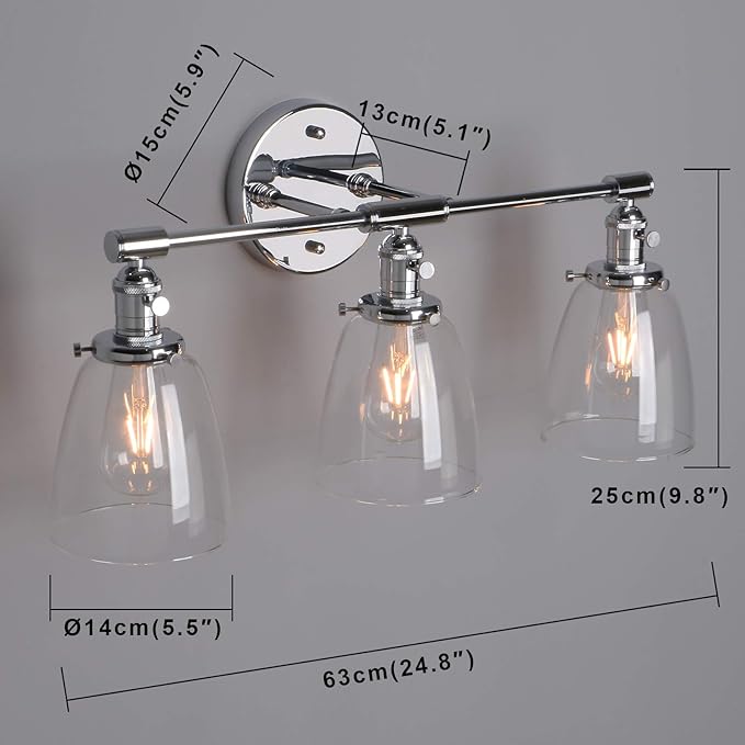 Phansthy 3-Light Wall Sconces Antique Brass Vanity Light, Industrial Wall Lamps with On Off Switch and Clear Glass Lampshade, Vintage Wall Lighting for Bathroom Living Room (Chrome, Bell Shade)