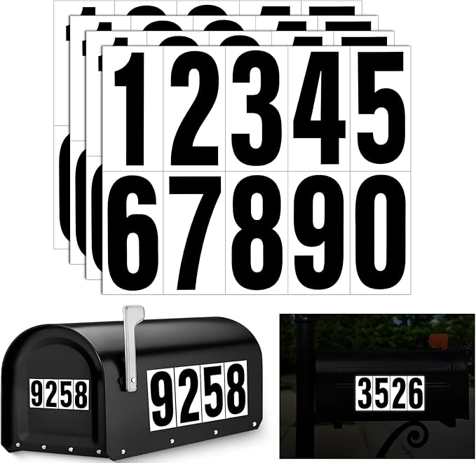 Reflective Number Stickers, 4 Sets 2 Inch Vinyl Waterproof Black Mailbox Numbers for Outside, Strong Self-adhesive House Numbers Decals for Mailbox Door Signs Trucks
