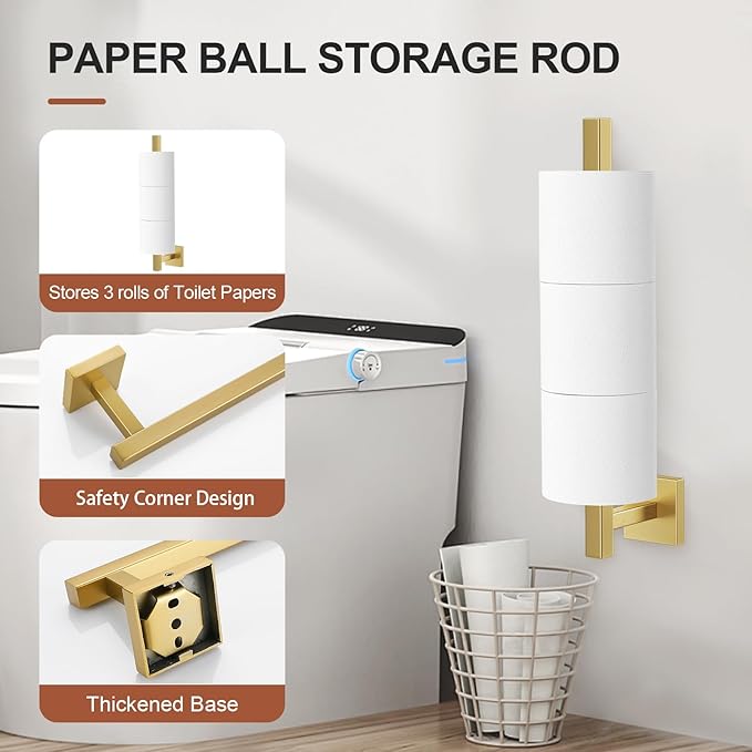 TQKAG 7-Pieces Brushed Gold Bathroom Hardware Accessories Set 23.6" SUS304 Stainless Steel Towel Bar Set Toilet Paper Spare Rolls Storage Holder Wall Mounted