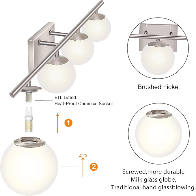 New Bathroom Vanity Light Fixtures 4 Lights Brushed Nickel Glass Shade Modern Wall Bar Sconce Over Mirror（(Exclude G9 Bulb)