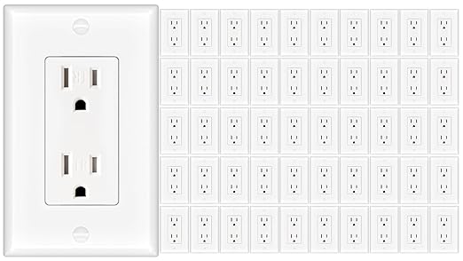 Amico 50 Pack Wall Outlet, 15 Amp Outlets, UL Listed, Tamper Resistant Standard Electrical Outlet, Decorator Receptacle with Wall Plate, Suitable for Home and Business, 125V/1875W, White