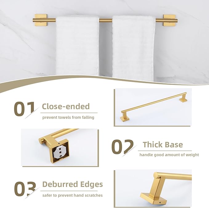 Suyar Brushed Gold Bathroom Accessories, SUS 304 Stainless Steel Bathroom Hardware Set 4 Pieces, Include Robe Hook, Toilet Paper Holder, Hand Towel Holder, Towel Bar, Wall Mount