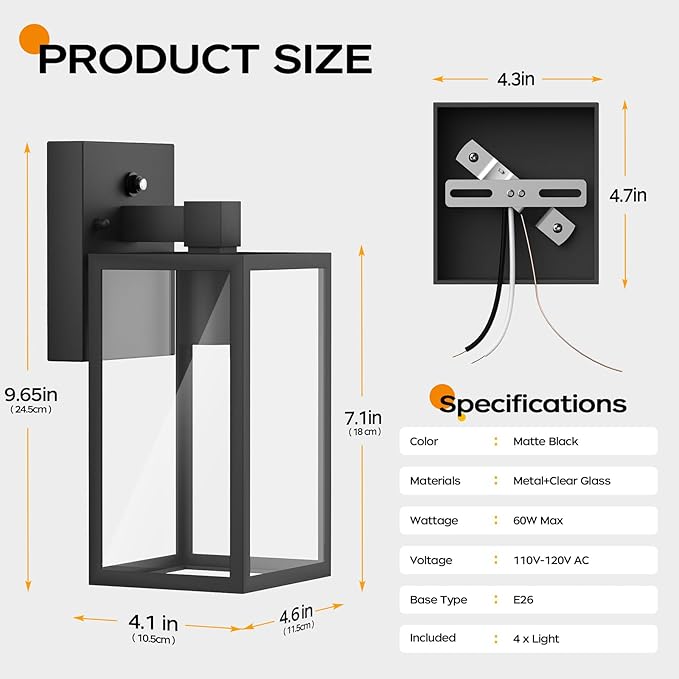 WIHTU Dusk to Dawn Outdoor Wall Lights, 4 Pack Exterior Lighting Fixtures for House, Waterproof Porch Lights with E26 Sockets, Black Outdoor Wall Sconce for Front Door, Patio, Garage