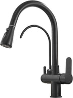 MENATT Commercial 3 in 1 Drinking Water Faucet, High Arc Water Filter Purifier Kitchen Faucets, Dual Handle Pull Out Kitchen Sink Faucet (Matte Black)