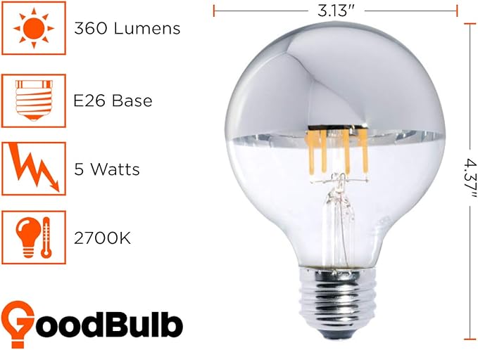 GoodBulb 5 Watt Half Chrome G25 Light Bulbs LED Restaurant Bulb with E26 Medium Base 2700K Warm White 360 Lumens Restaurant Light Bulbs 10 Pack