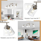 4-Light Track Lighting Fixtures, Rotatable Track Head Bathroom Vanity Light Ceiling Spotlight Brushed Nickel, Seeded Glass Shades