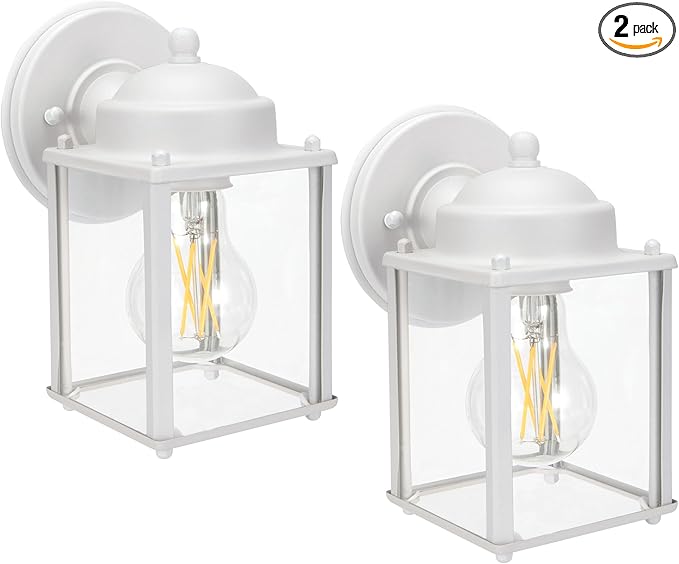 LIT-PaTH Outdoor Wall Lantern, Wall Sconce as Porch Lighting Fixture, E26 Medium Base, Aluminum Housing Plus Glass, Bulbs NOT Included, 2-Pack, White Finish