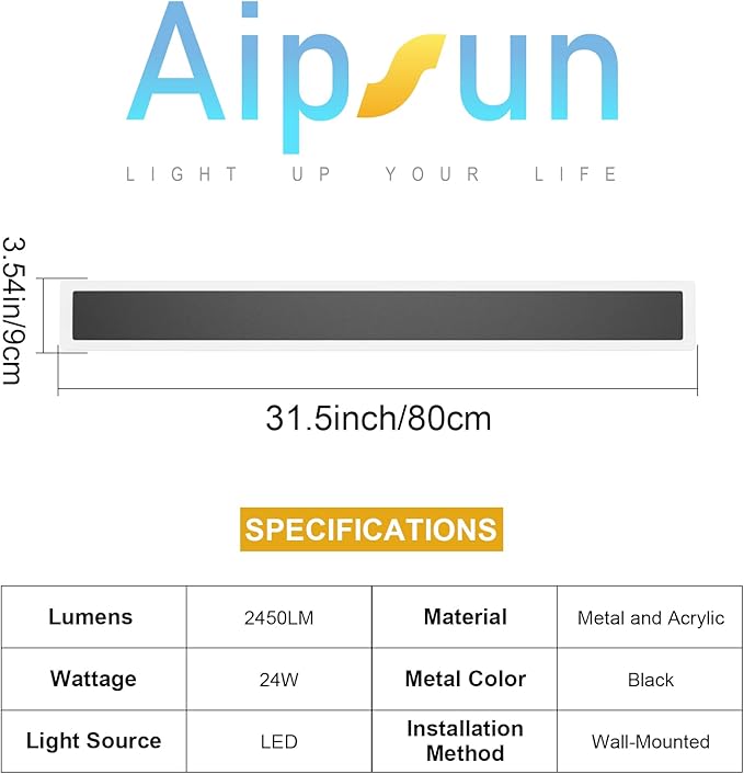 Aipsun 2 Pack Outdoor Wall Lights, Black LED Exterior Light Fixtures Wall Mount, Modern Porch Lights Wall Sconce, Long LED Linear Wall Lamp Outside Lighting for Garage, Front Door 3000K