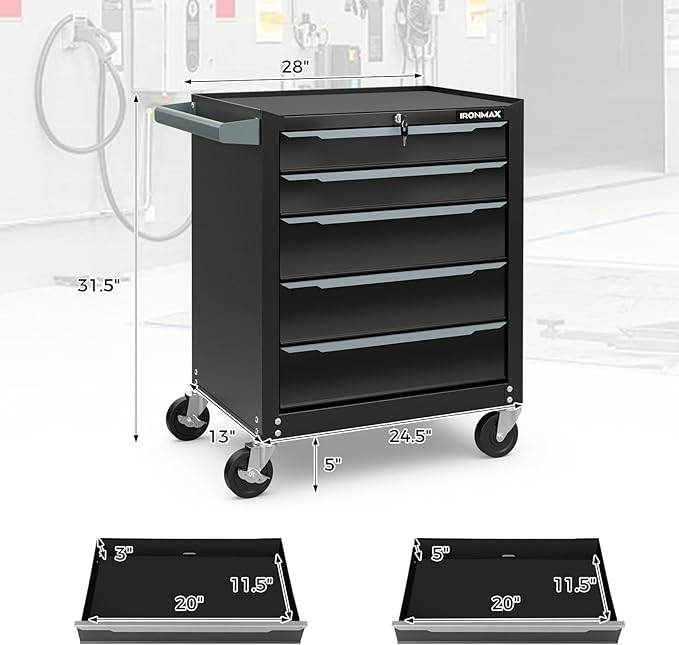 IRONMAX 5-Drawer Tool Chest with Wheels, Rolling Tool Storage Organizer Toolbox with Locking System & Liner, Metal Tool Cabinet for Warehouse, Garage, Workshop, Household