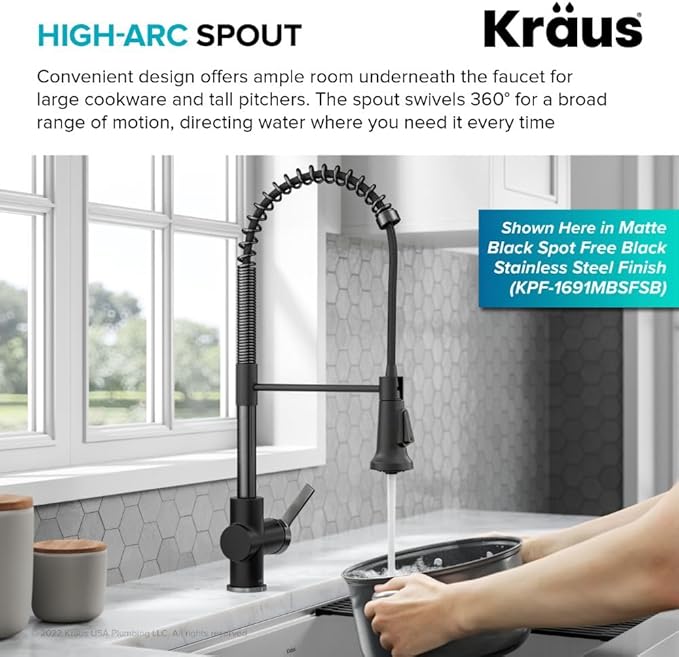 KRAUS Britt Commercial Style Single Handle Pull Down Kitchen Faucet in Spot-Free Stainless Steel/Matte Black, KPF-1691SFSMB