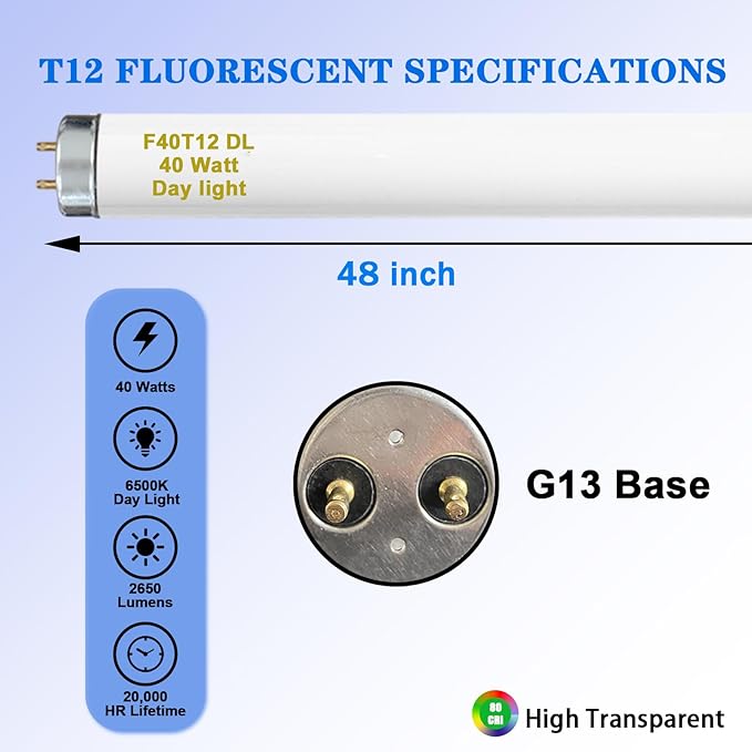 T12 48 Inches 40 Watt Fluorescent Tube, F40T12/865 Light Bulb, 6500K Daylight, 3050 Lumens, 4ft Fluorescent Bulb, G13 Bi-Pin Base 9 Count