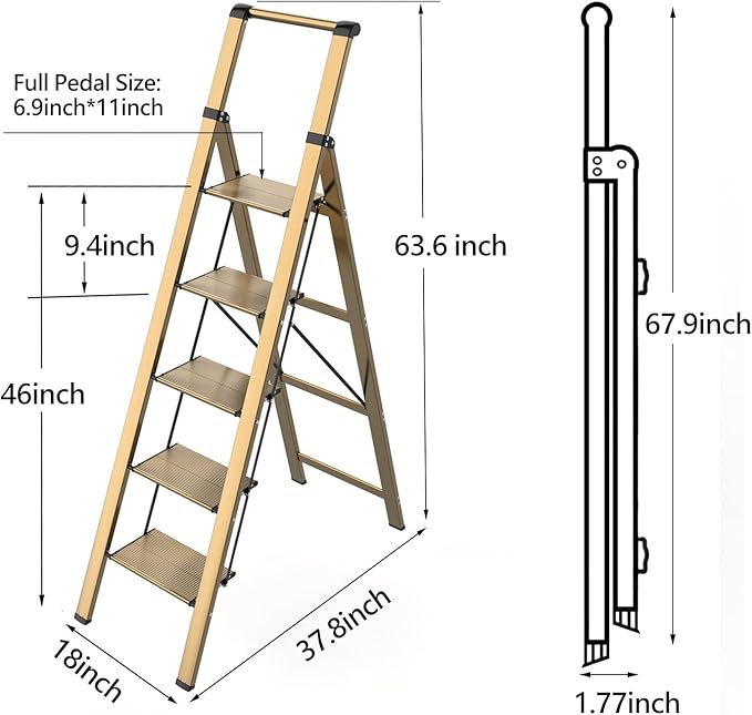 5 Step Ladder, Folding Step Stool, Lightweight Aluminum Foldable Ladder for 10 Foot High Ceiling with Anti-Slip Wide Sturdy Pedal and Handgrip, Multi-Use for Home (300 lbs Capacity) - Champagne Gold