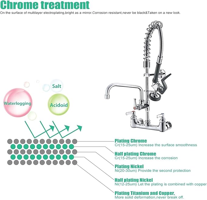 Commercial Wall Mount Kitchen Sink Faucet Brass Constructed Polished Chrome Pre-Rinse Device 25" Height 8" Center with Spring Pull Down Sprayer and 12" Add-on Spout (25 inches)