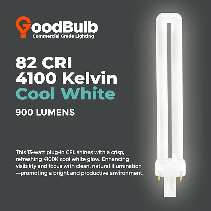 GoodBulb 13 Watt CFL Light Bulbs | 2 Pin GX23 Base 4100K Cool White | 13W High Output 800 Lumens | Single Tube Compact Fluorescent Light Bulbs Plug-in | 10 Pack