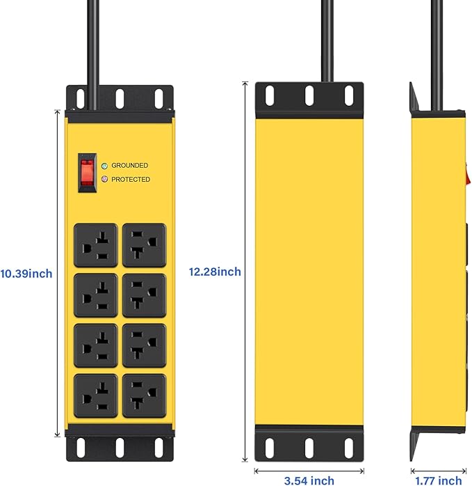 CCCEI Yellow Heavy Duty Power Strip Surge Protector 20 AMP, 8 Outlets 12 Gauge Industrial Shop Garage Metal Multiple Outlets, 12 FT Extension Cord 5-15P Adapter High Amp 6-20R T-Slot 20a for Appliance