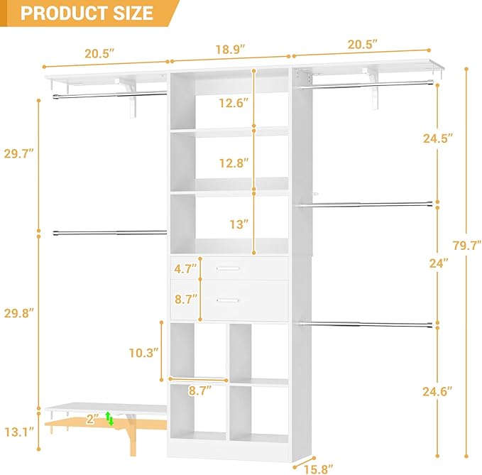5FT Small Closet System, Baby Closet Organizer System with Wooden Drawers, 60 Inches Walk In Closet System With 5 Hanging Rods and 3 Reversible Hanging Shelving, White