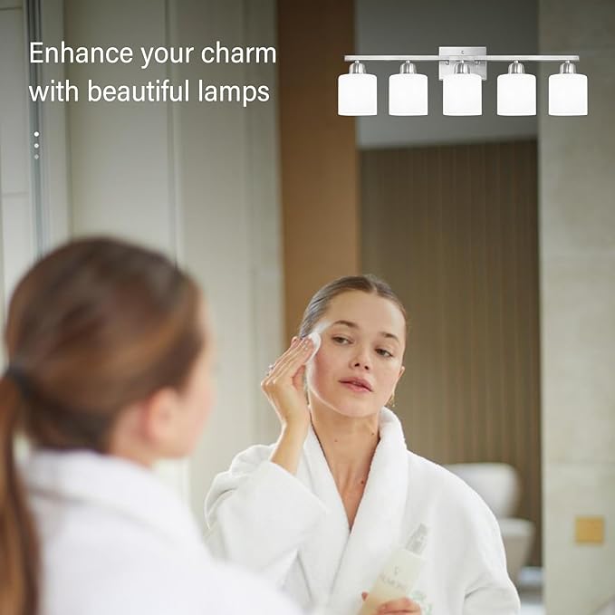 5 Light Bathroom Light Fixtures Brushed Nickel, Bathroom Vanity Light with Milky White Frosted Glass Shade, Vanity Lights for Mirror Bedroom Living Room E26 Base