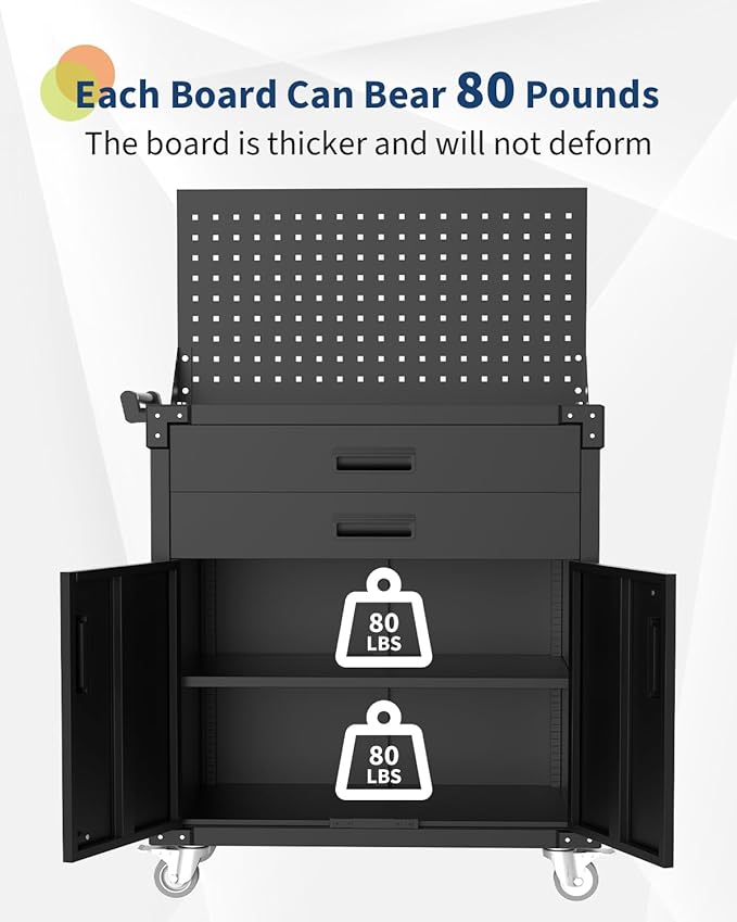 GarveeHome Rolling Tool Cabinet, Heavy Duty Steel Garage Storage Cabinet with 2 Drawers, Pegboard & 4 Wheels, Lockable Tool Cart Workbench for Workshop, Warehouse