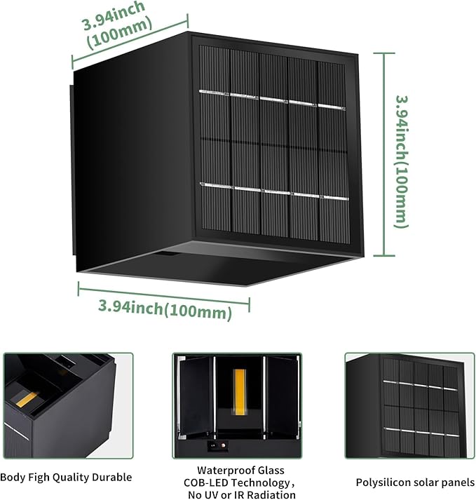LANFU Solar Powered Motion Sensor Square Outdoor Wall Lights, Black Modern Up and Down Wall Lamps, IP65 Waterproof Warm White 3000K Wall Sconce Light Exterior for Fence Garden Outside