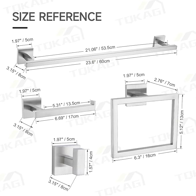 TQKAG 5-Piece Bathroom Hardware Set Brushed Nickel Classic Wall Mounted SUS304 Stainless Steel Bathroom Accessories Set 23.6" Towel Rack for Bathroom, Brushed Nickel
