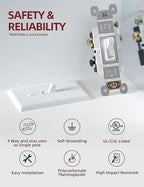 AIDA 15 Amp 3 Way Quiet Indoor Toggle Switch Self-Grounding ON Off Toggle, Residential Grade, UL Listed, Quickwire Push-in & Side Wired (White, 10 Pack)