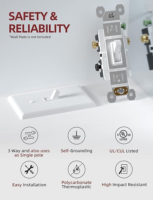 AIDA 15 Amp 3 Way Quiet Indoor Toggle Switch Self-Grounding ON Off Toggle, Residential Grade, UL Listed, Quickwire Push-in & Side Wired (White, 10 Pack)