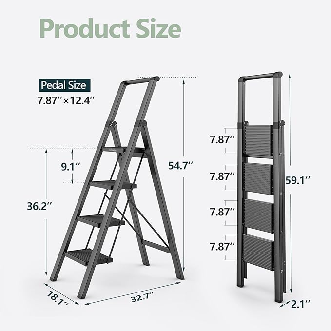 WOA WOA 4 Step Ladder for 10 Feet High Ceiling, Lightweight Foldable Ladder with Non-Slip Wide Pedals, Step Stool with Safe Handrail, Space Saving for Home, Kitchen, Indoor & Outdoor 300lbs - Black
