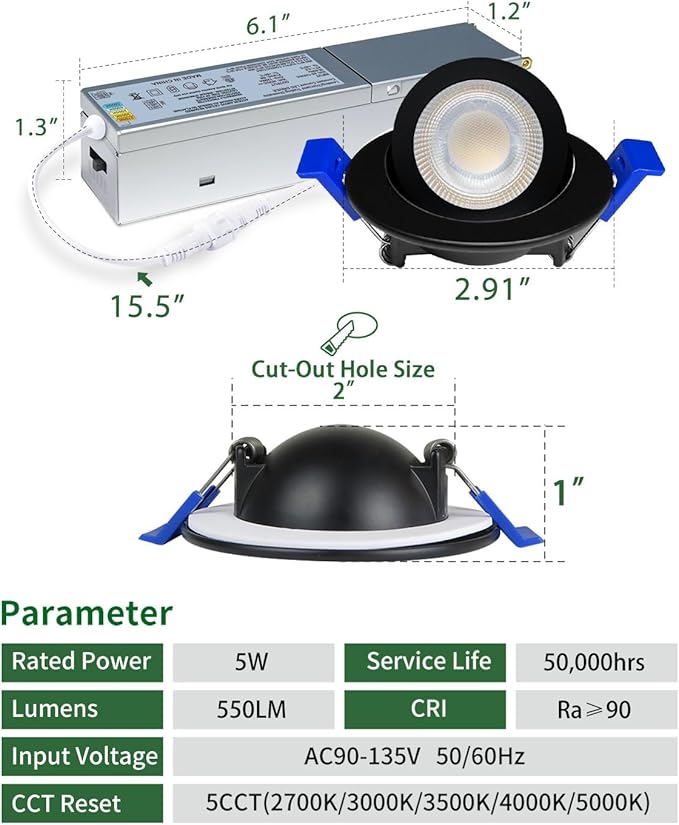 zouzai 2 Inch 5CCT Gimbal Black Led Recessed Lighting with Junction Box, 360°+90° Adjustable Led Recessed Lights, 2700K/3000K/3500K/4000K/5000K, 5W Eqv 50W, 550LM Brightness - ETL (Black, 12 Pack)