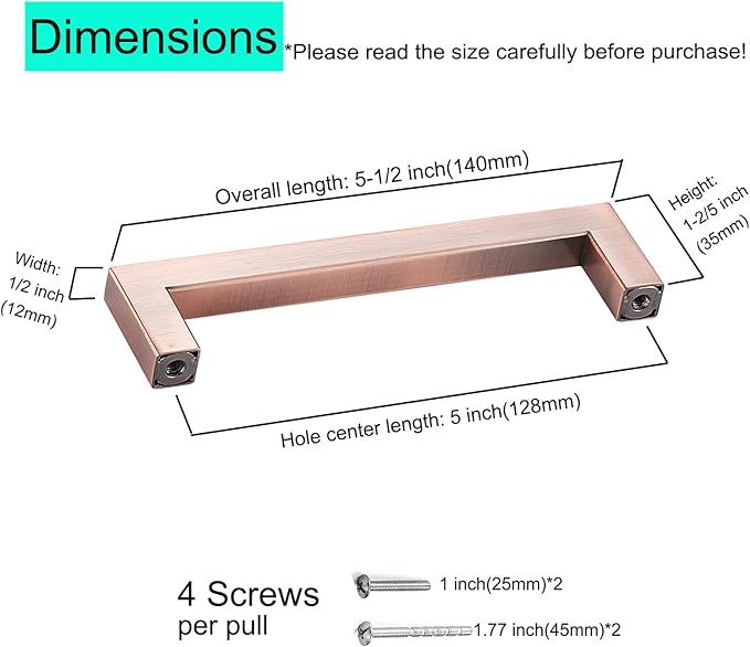 30 Pack Antique Copper Cabinet Pulls 5 Inch Hole Centers Stainless Steel Square Cabinet Handles Copper Drawer Pulls Kitchen Handles Hardware